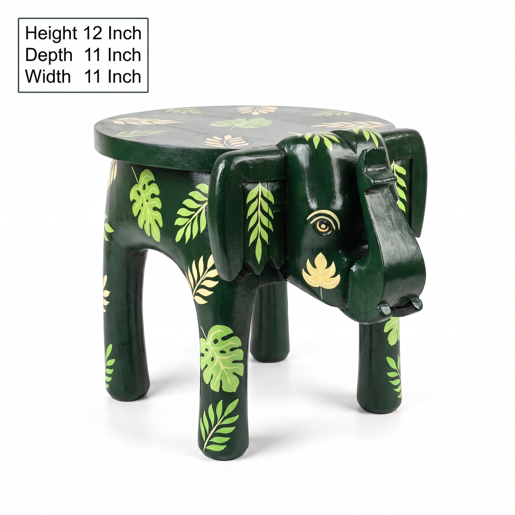 Wooden Elephant Stool | Green with Leaf Motifs | 12x11x11 inch