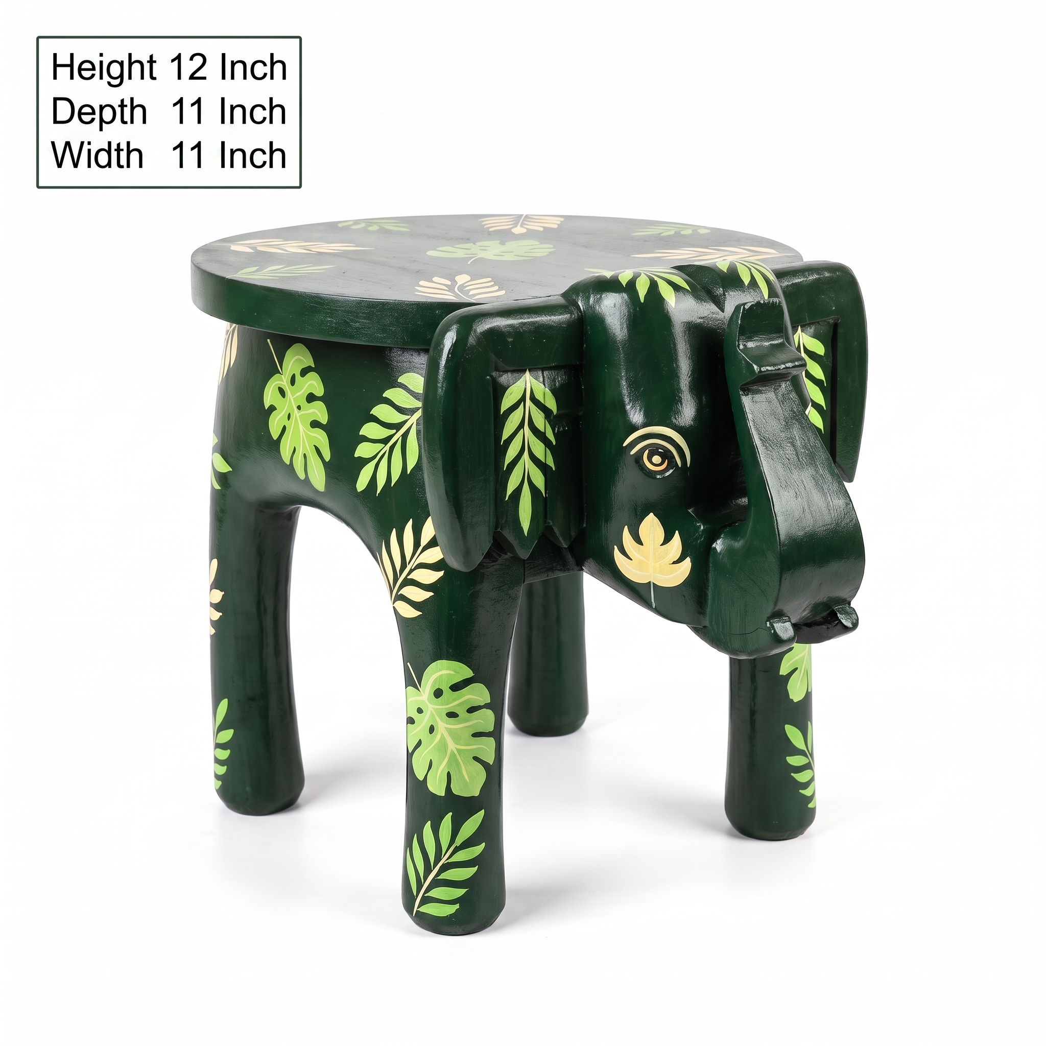 Wooden Elephant Stool | Green with Leaf Motifs | 12x11x11 inch