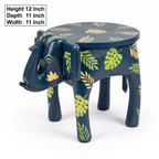 Wooden Elephant Stool | Blue with Leaf Motifs | 12x11x11 inch