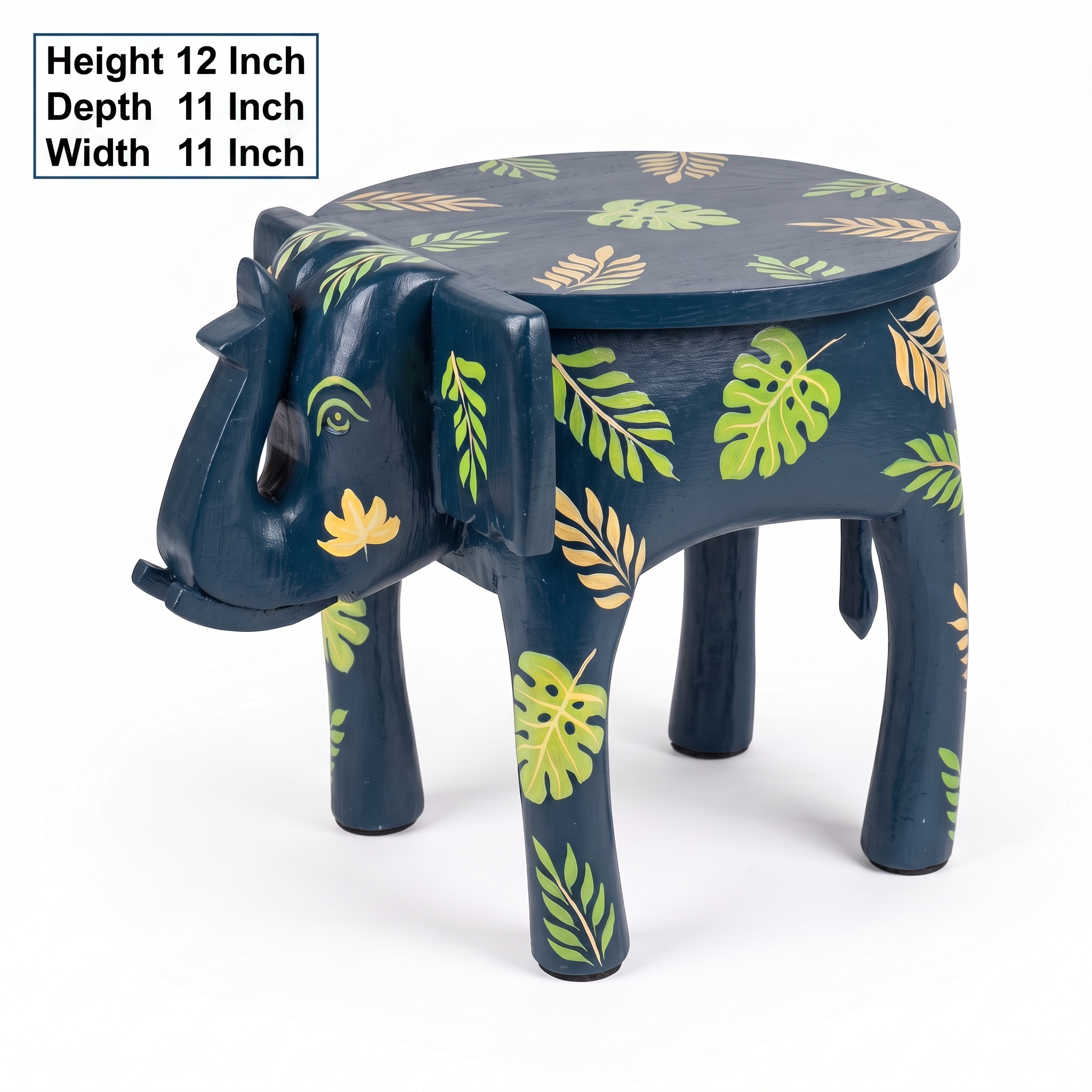 Wooden Elephant Stool | Blue with Leaf Motifs | 12x11x11 inch