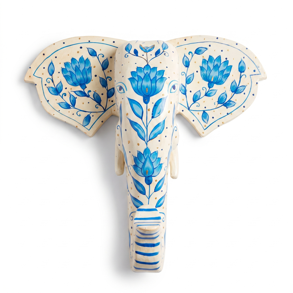 Handpainted Wooden Elephant Wall Decor | White | 11 Inch