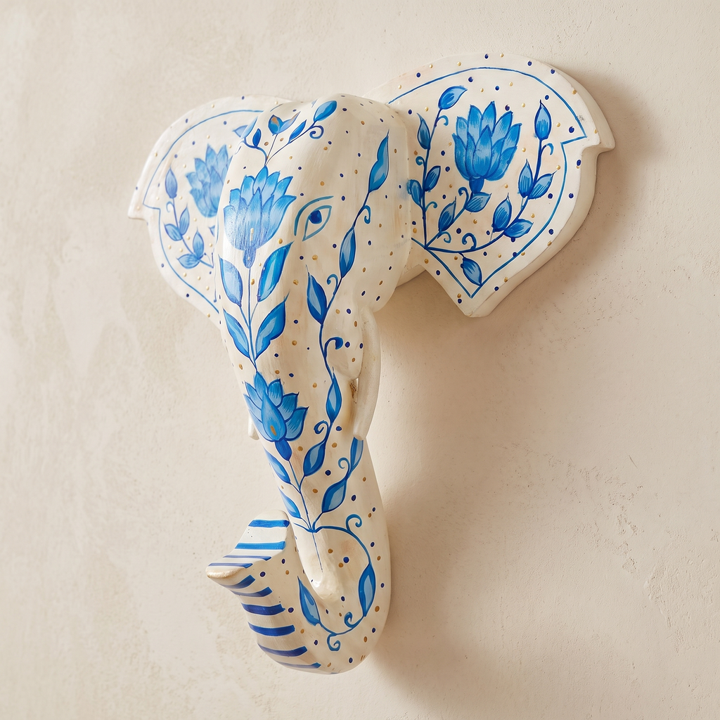 Handpainted Wooden Elephant Wall Decor | White | 11 Inch