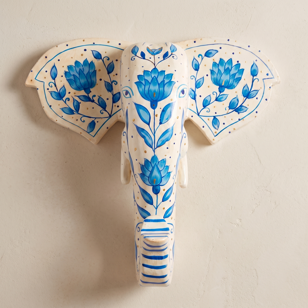 Handpainted Wooden Elephant Wall Decor | White | 11 Inch