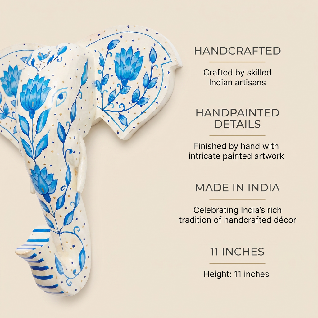 Handpainted Wooden Elephant Wall Decor | White | 11 Inch