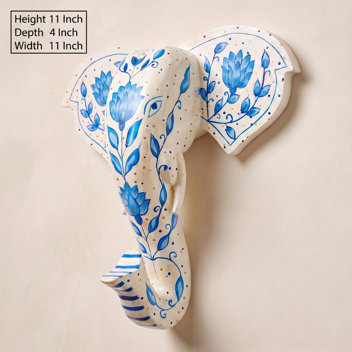Handpainted Wooden Elephant Wall Decor | White | 11 Inch