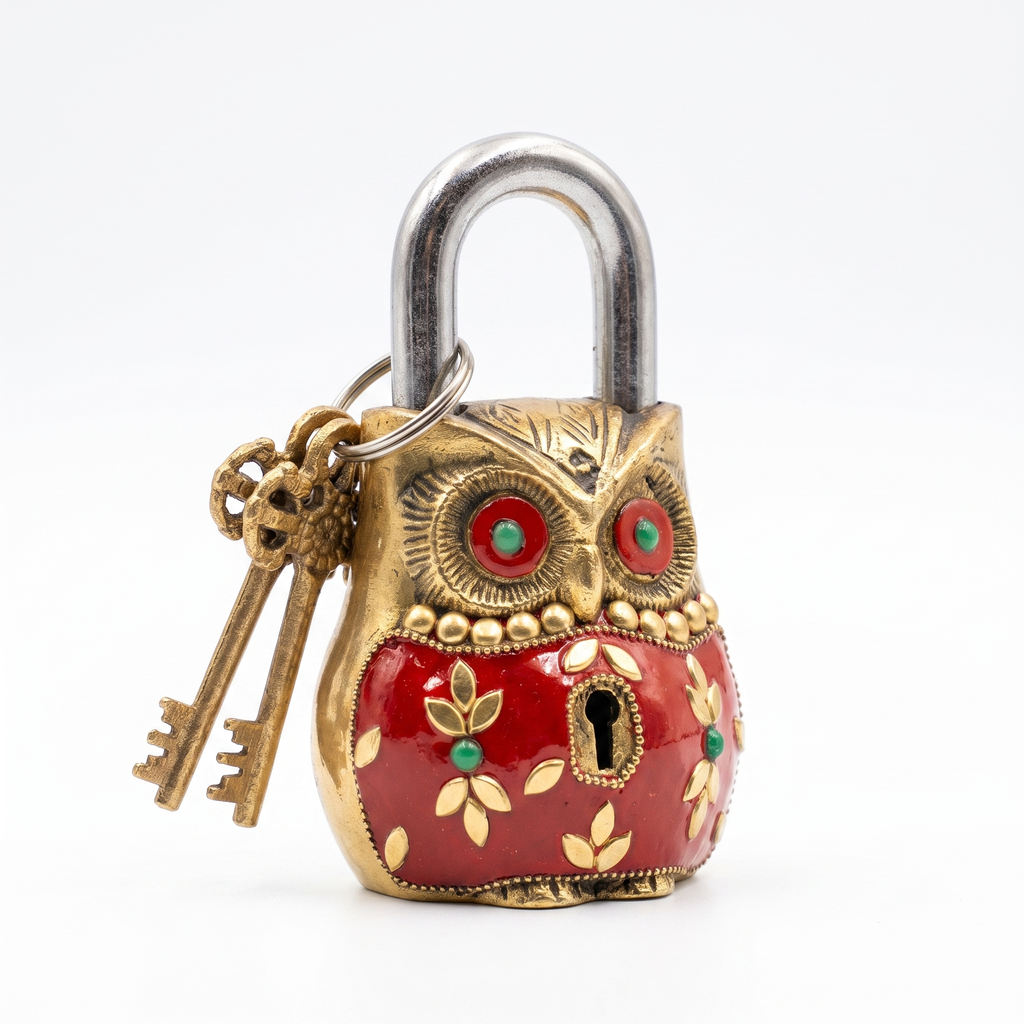 Brass Owl Padlock | Red | 5x3x1.5 inch