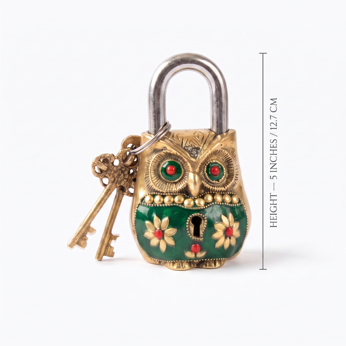 Brass Owl Padlock | Green | 5x3x1.5 inch