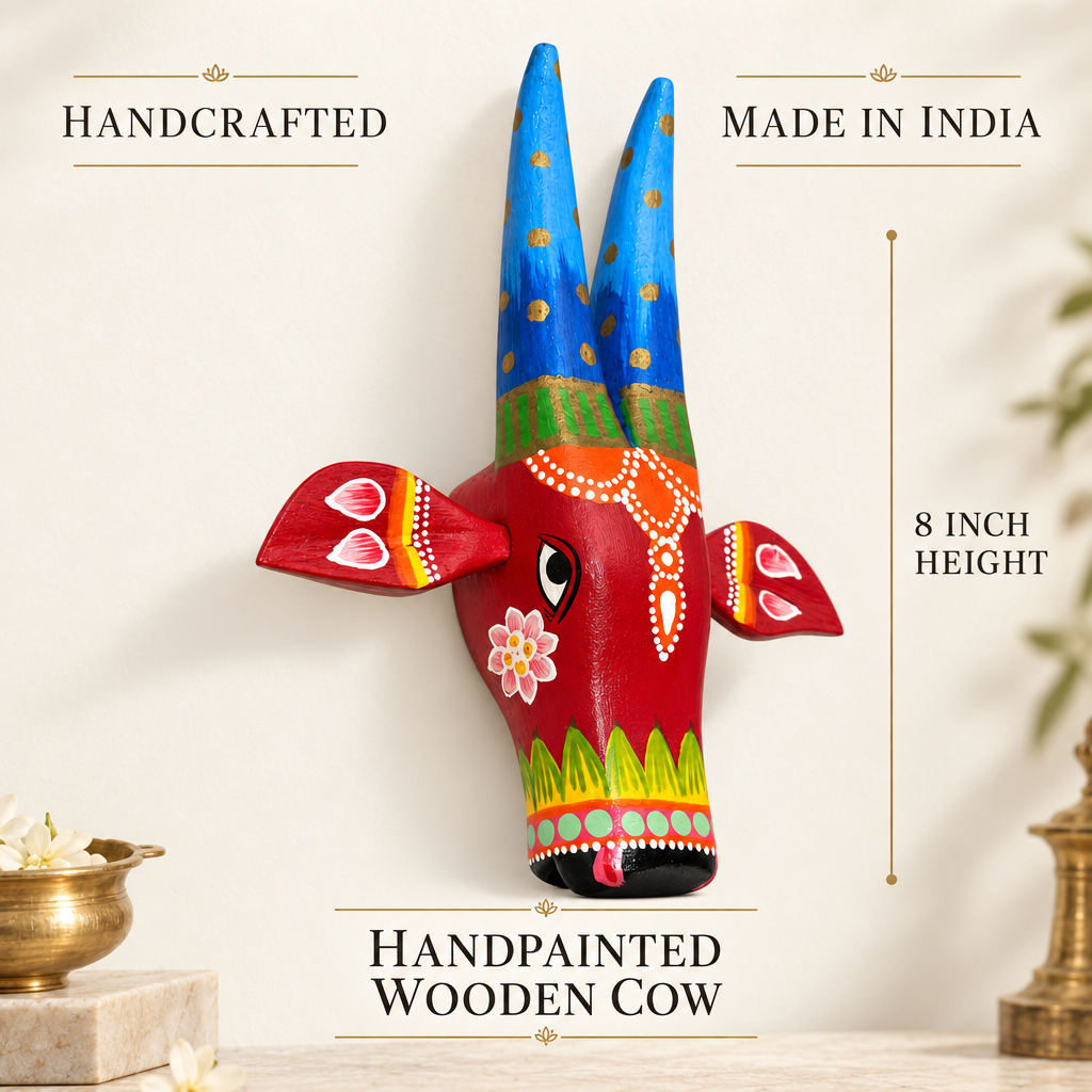 Handpainted Wooden Nandi/Cow Wall Decor | Red | 8x7x2 Inches
