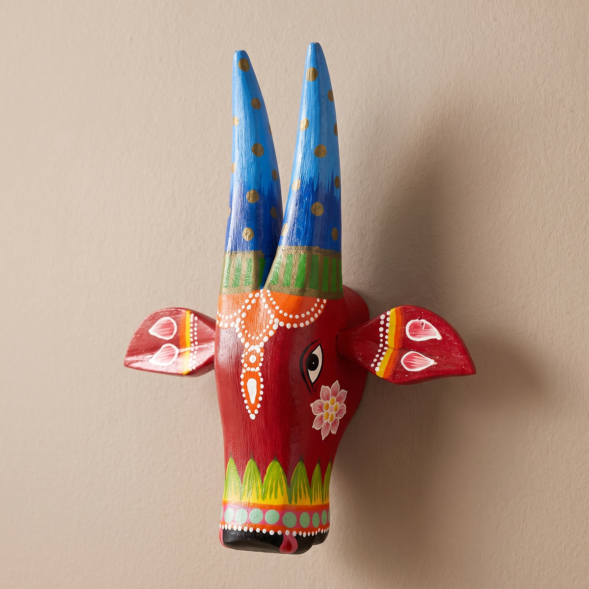 Handpainted Wooden Nandi/Cow Wall Decor | Red | 8x7x2 Inches