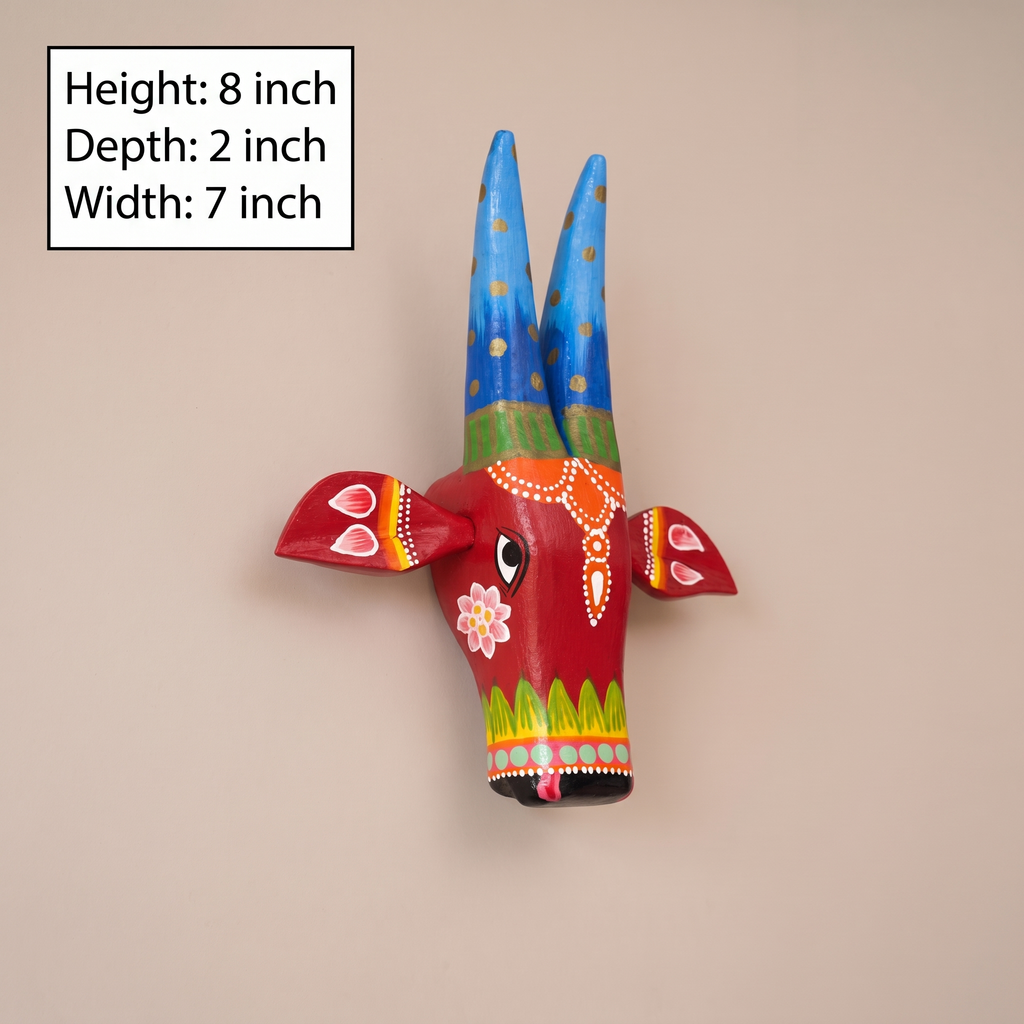 Handpainted Wooden Nandi/Cow Wall Decor | Red | 8x7x2 Inches