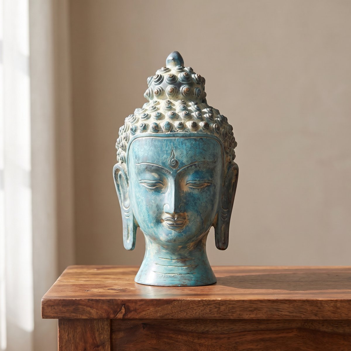 Brass Buddha Face | Turquoise Finish | 10x6x6 Inches