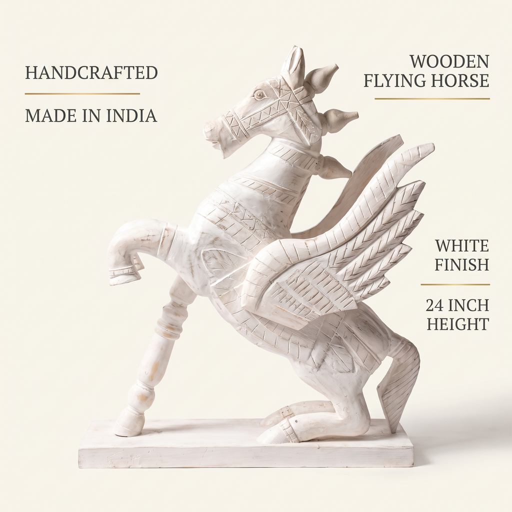 Wooden Flying Horse | Whitewash finish | 24x18x7 Inch