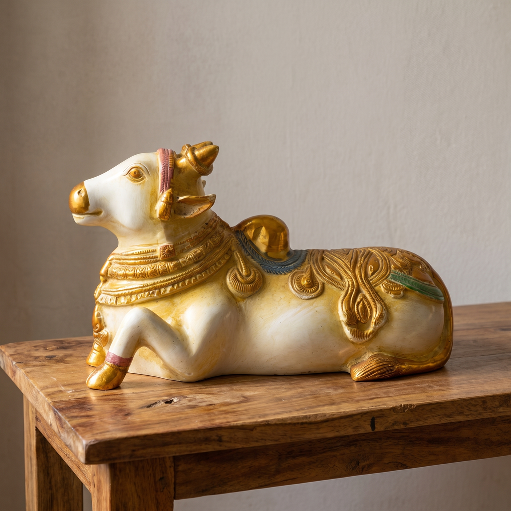 Brass Nandi | White Finish | 11x7x5 Inch