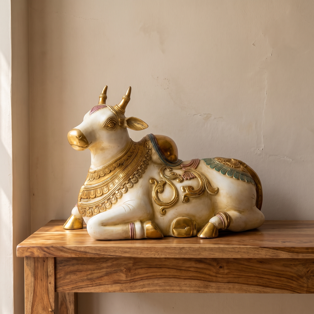 Brass Nandi | White Finish | 17x12x10 Inch (14.2kg)
