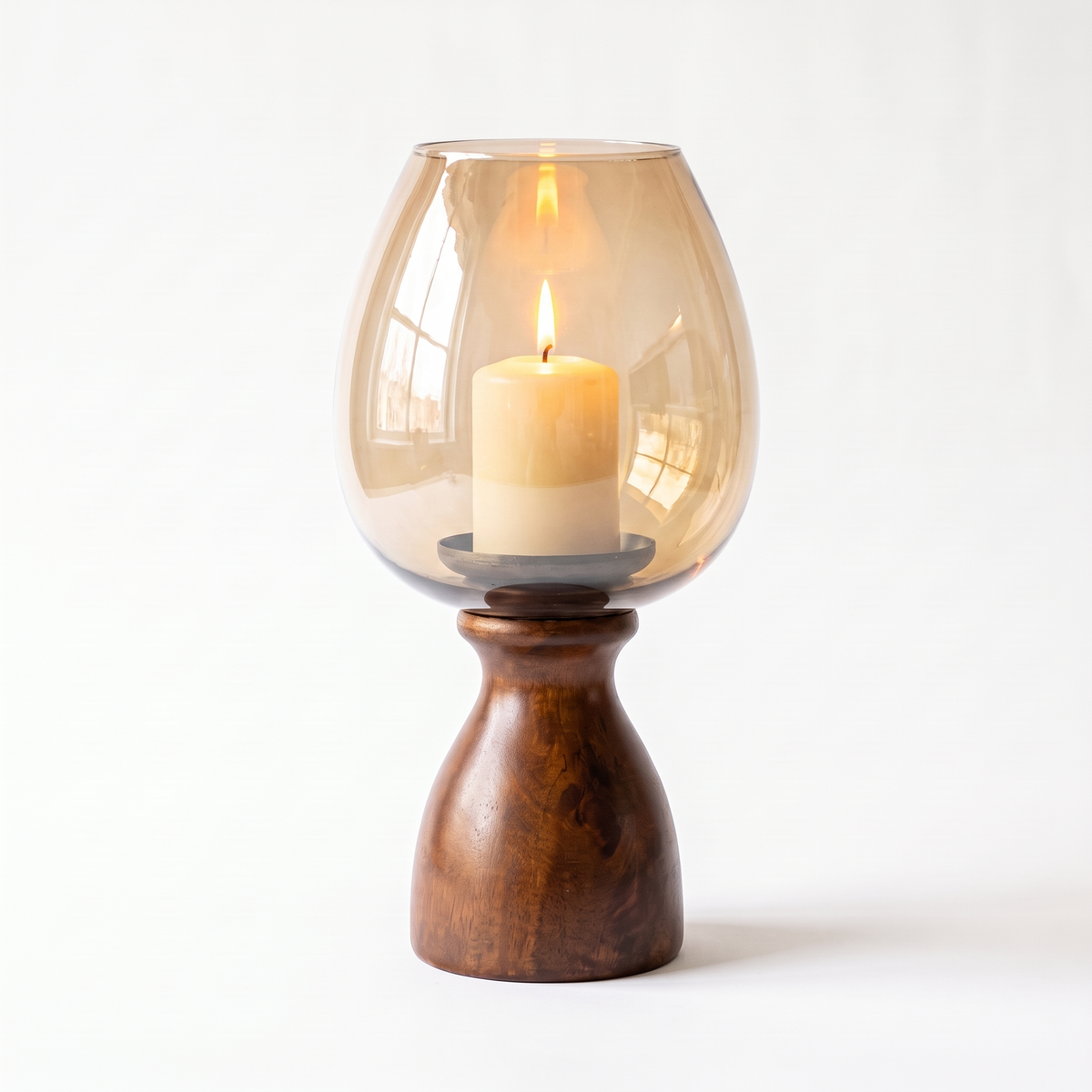 Hurricane Candle Stand | Walnut Polish | Brown glass 15x7x7 inch