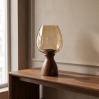 Hurricane Candle Stand | Walnut Polish | Brown glass 15x7x7 inch