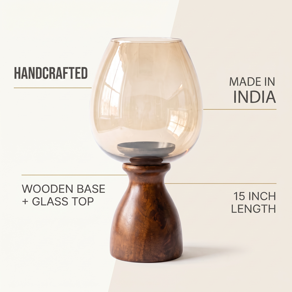 Hurricane Candle Stand | Walnut Polish | Brown glass 15x7x7 inch