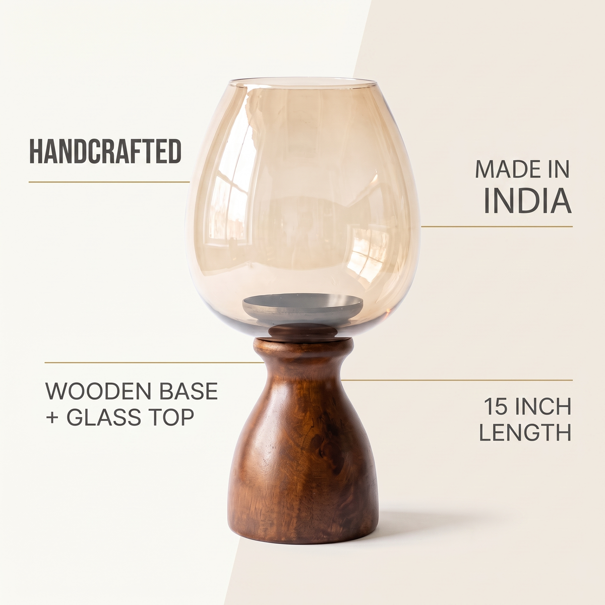 Hurricane Candle Stand | Walnut Polish | Brown glass 15x7x7 inch
