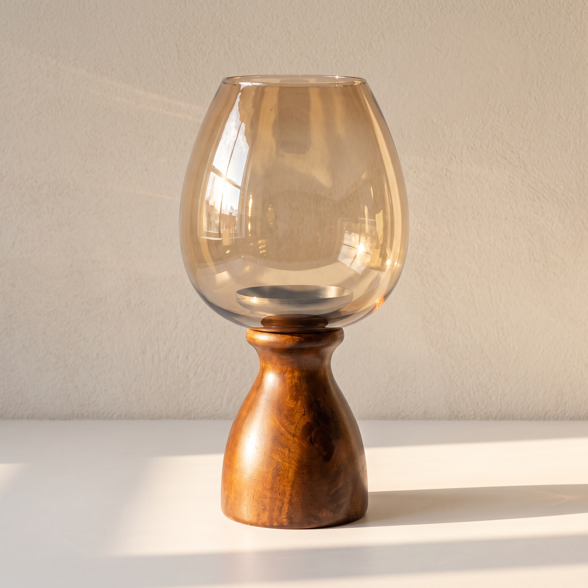 Hurricane Candle Stand | Walnut Polish | Brown glass 15x7x7 inch