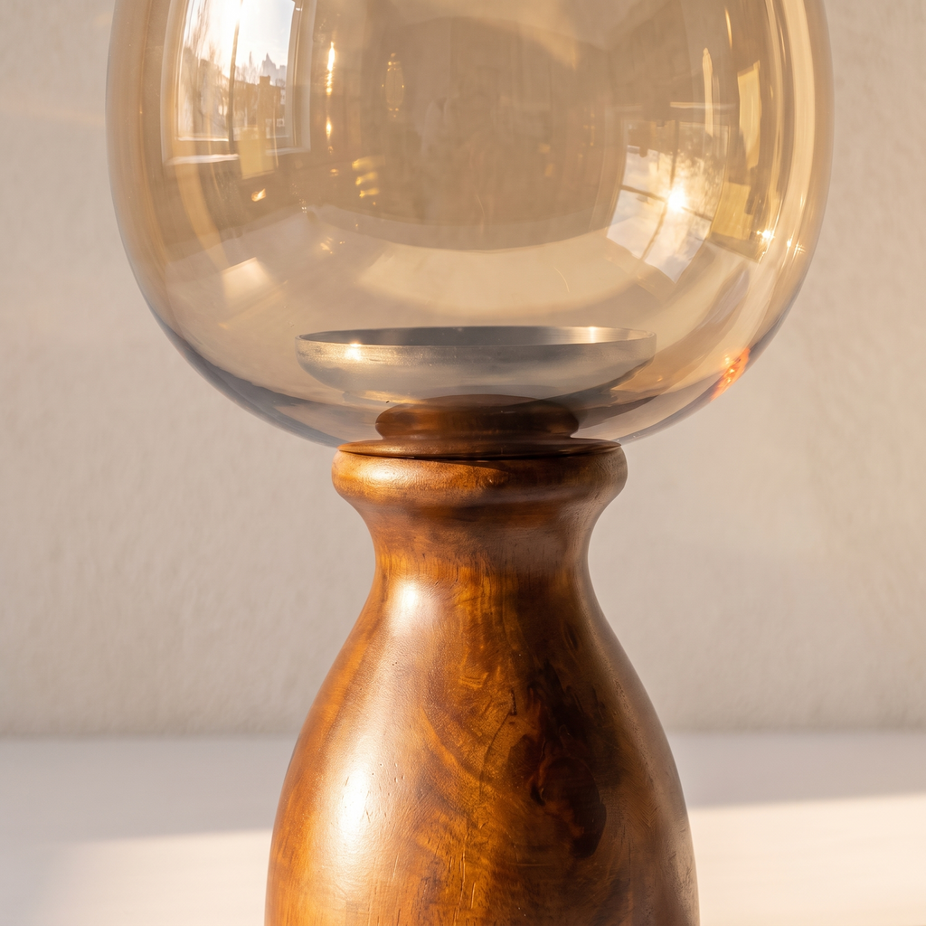 Hurricane Candle Stand | Walnut Polish | Brown glass 15x7x7 inch