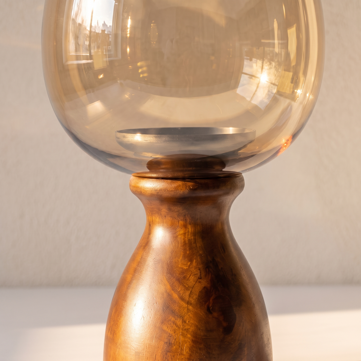 Hurricane Candle Stand | Walnut Polish | Brown glass 15x7x7 inch