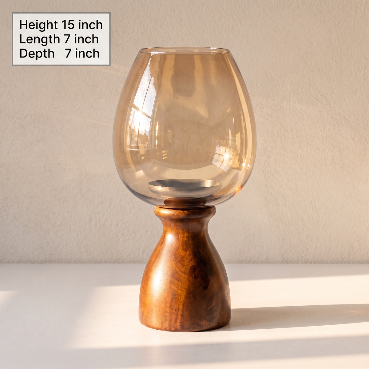 Hurricane Candle Stand | Walnut Polish | Brown glass 15x7x7 inch