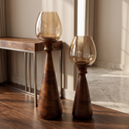 Hurricane Candle Stands (Set of 2) | Walnut Finish - Brown Glass (79 & 62cm tall)