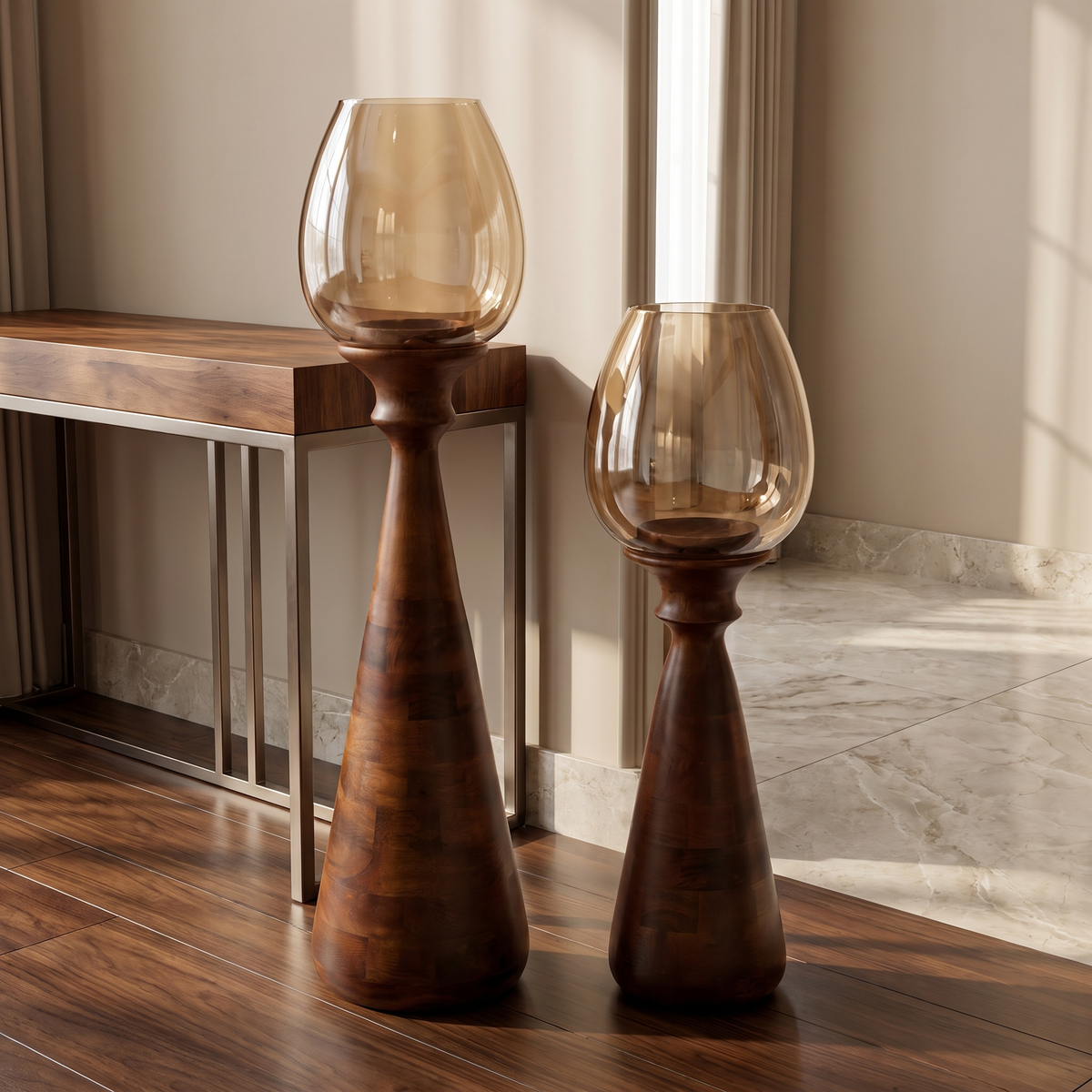 Hurricane Candle Stands (Set of 2) | Walnut Finish - Brown Glass (79 & 62cm tall)