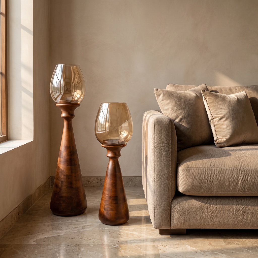 Hurricane Candle Stands (Set of 2) | Walnut Finish - Brown Glass (79 & 62cm tall)