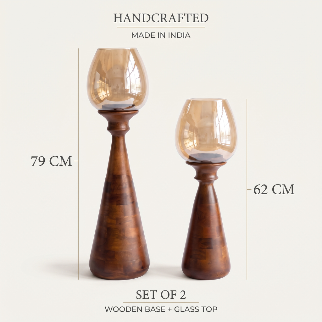 Hurricane Candle Stands (Set of 2) | Walnut Finish - Brown Glass (79 & 62cm tall)