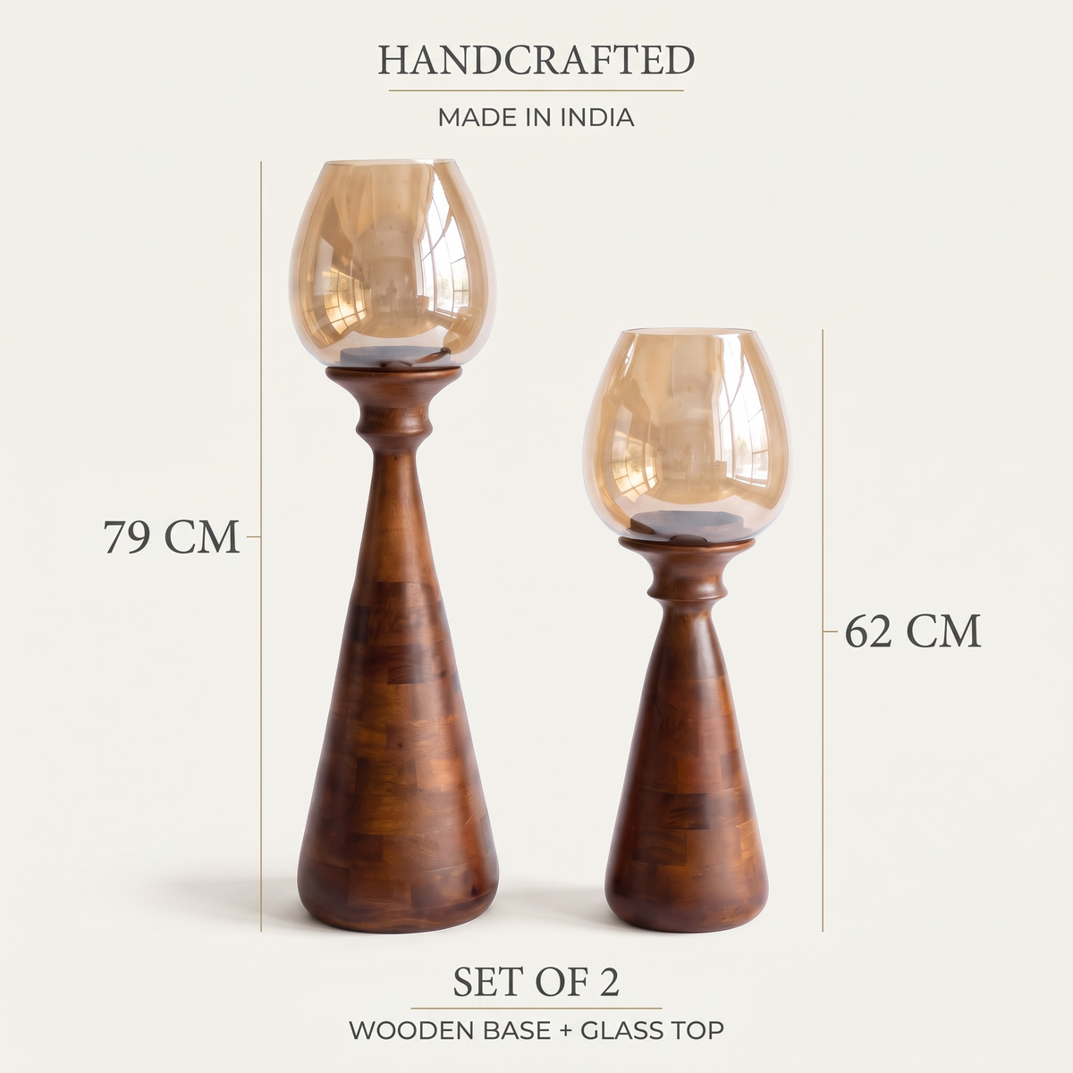 Hurricane Candle Stands (Set of 2) | Walnut Finish - Brown Glass (79 & 62cm tall)