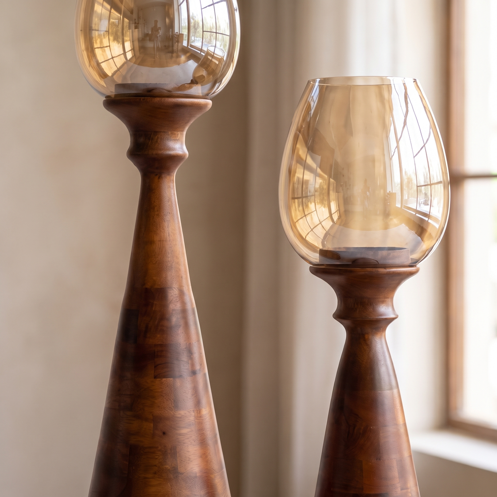 Hurricane Candle Stands (Set of 2) | Walnut Finish - Brown Glass (79 & 62cm tall)