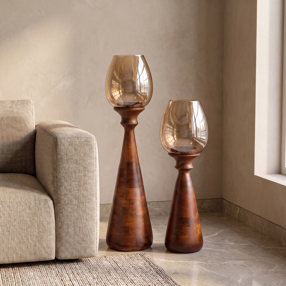 Hurricane Candle Stands (Set of 2) | Walnut Finish - Brown Glass (79 & 62cm tall)