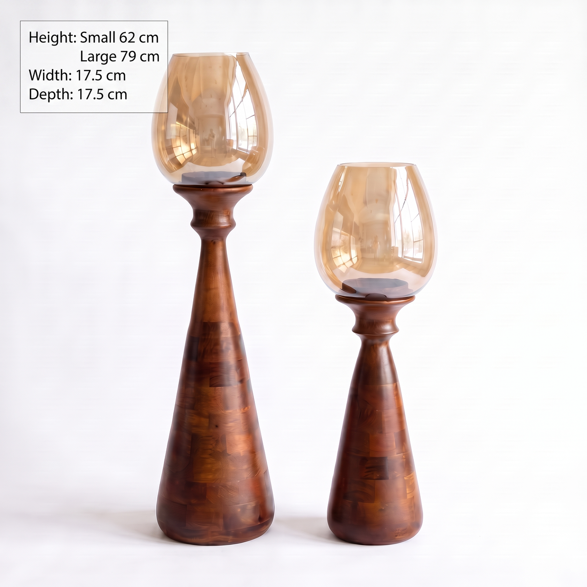 Hurricane Candle Stands (Set of 2) | Walnut Finish - Brown Glass (79 & 62cm tall)
