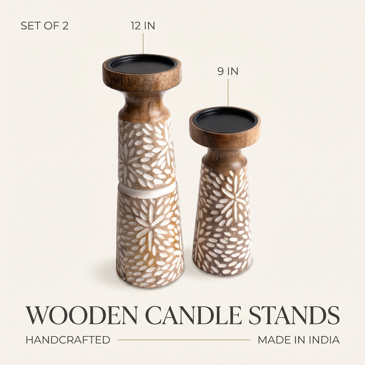 Wooden Candle Stand (Set of 2) | 12 & 9 Inches tall