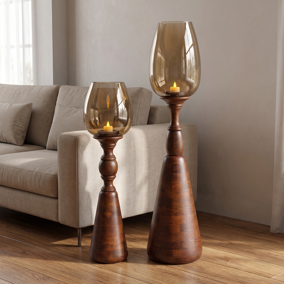Hurricane Candle Stand (Set of 2) | Walnut Polish | 105 & 78 cm Tall