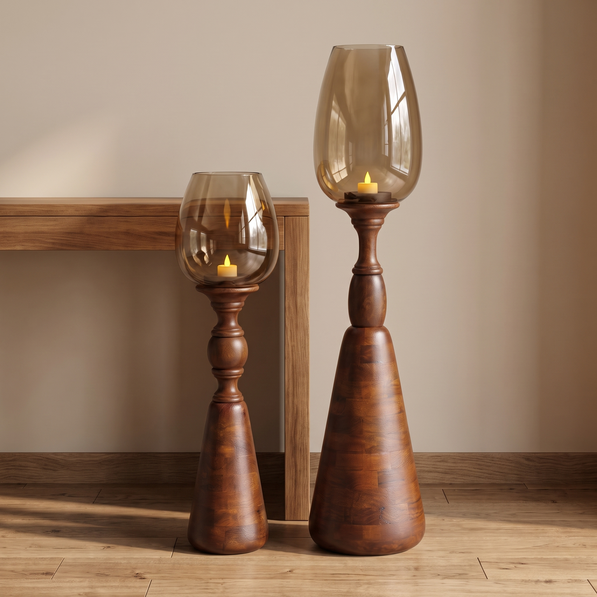 Hurricane Candle Stand (Set of 2) | Walnut Polish | 105 & 78 cm Tall