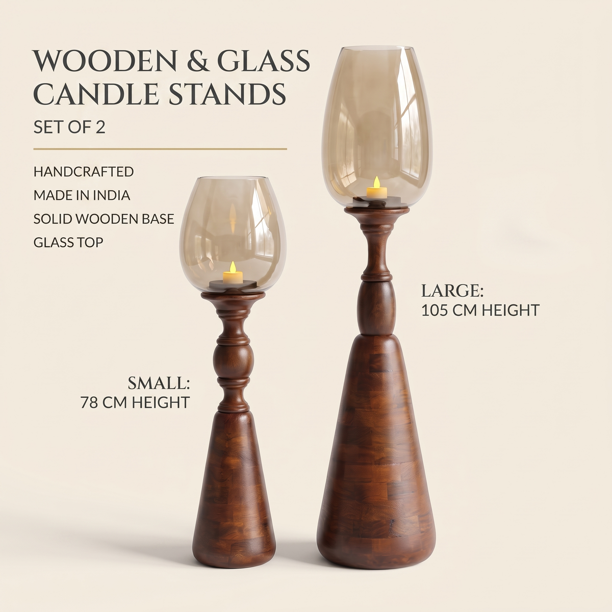 Hurricane Candle Stand (Set of 2) | Walnut Polish | 105 & 78 cm Tall