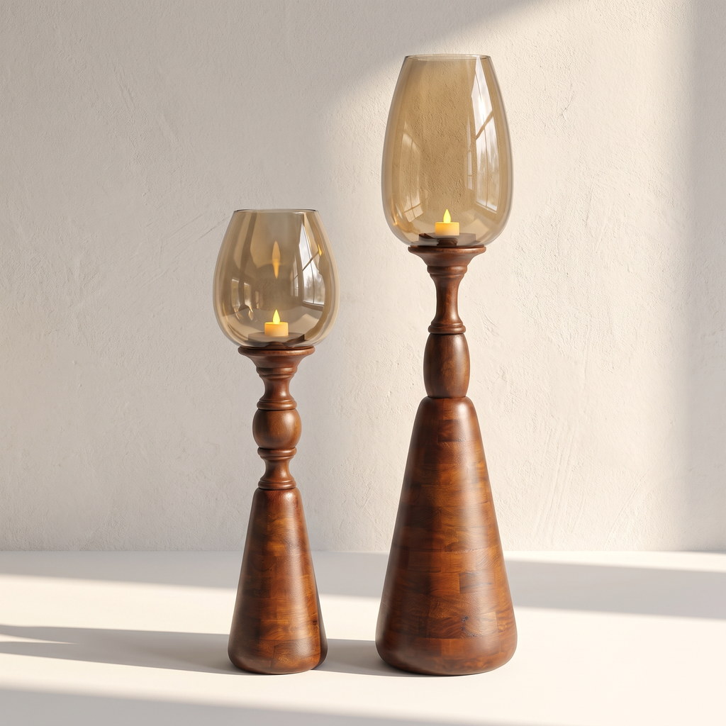 Hurricane Candle Stand (Set of 2) | Walnut Polish | 105 & 78 cm Tall