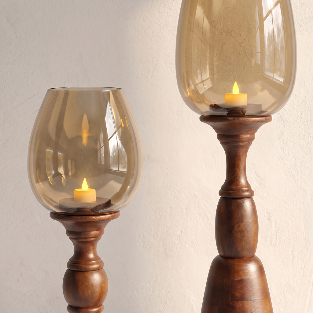 Hurricane Candle Stand (Set of 2) | Walnut Polish | 105 & 78 cm Tall