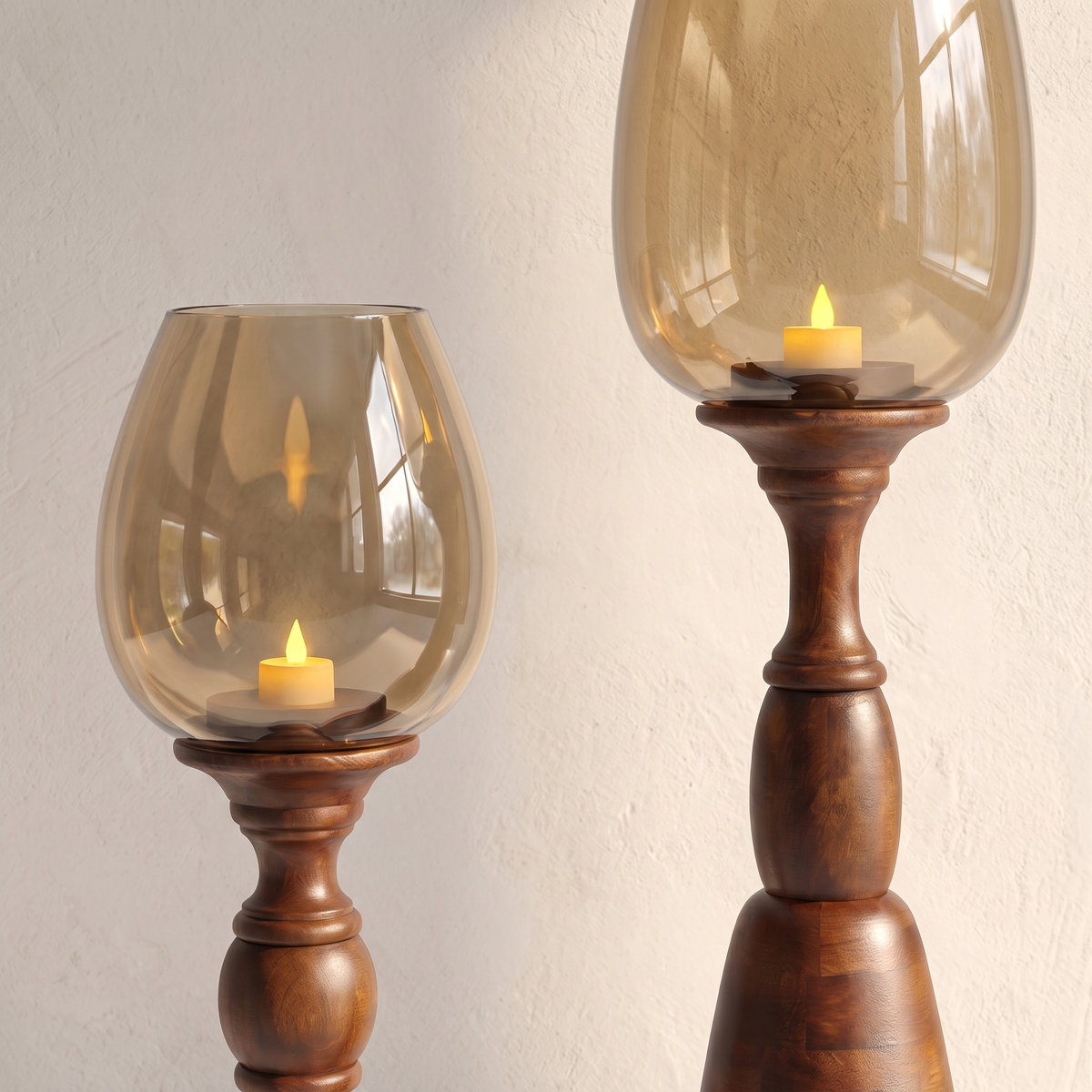 Hurricane Candle Stand (Set of 2) | Walnut Polish | 105 & 78 cm Tall