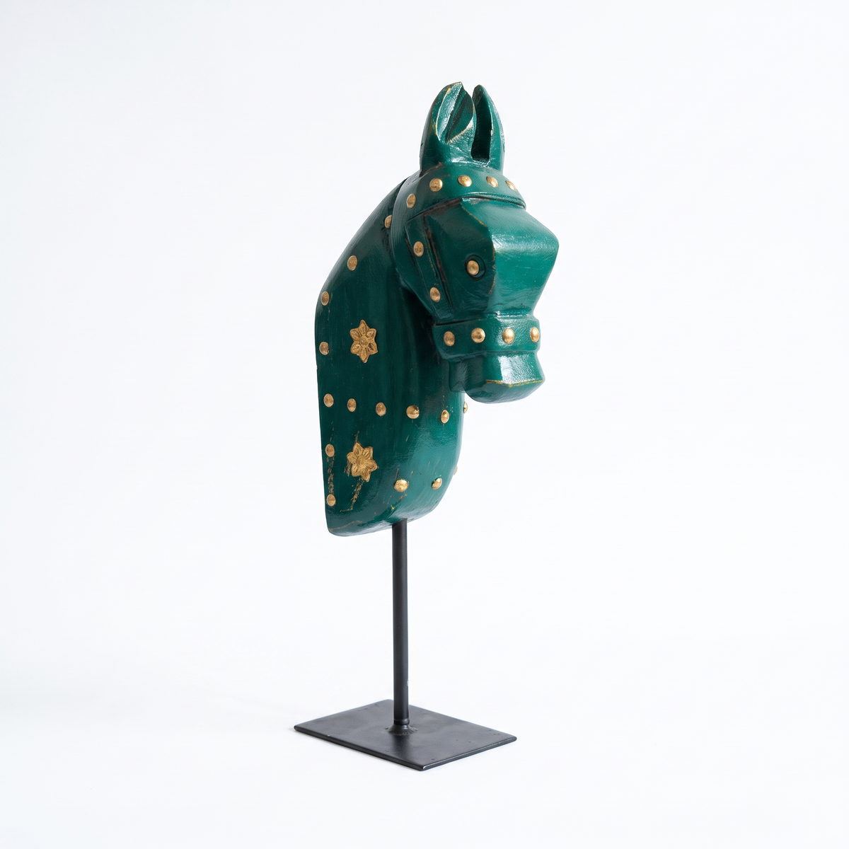 Wooden Horse on Metal Stand | Dark Green with brass studding | H -13.5 inch (4x3 inch base)