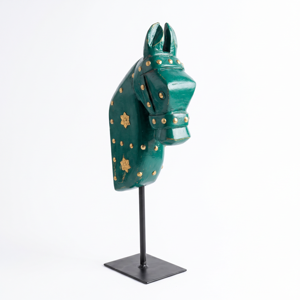 Wooden Horse on Metal Stand | Dark Green with brass studding | H -13.5 inch (4x3 inch base)