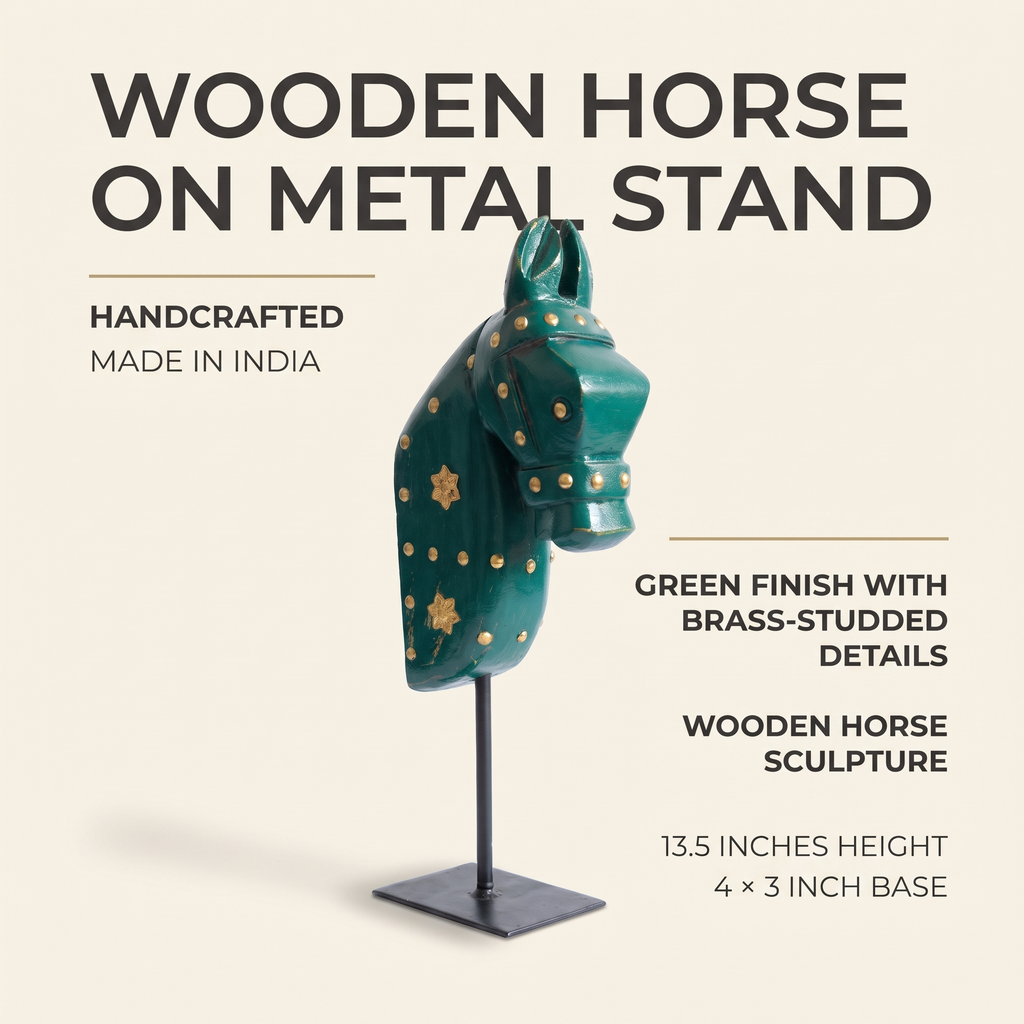 Wooden Horse on Metal Stand | Dark Green with brass studding | H -13.5 inch (4x3 inch base)