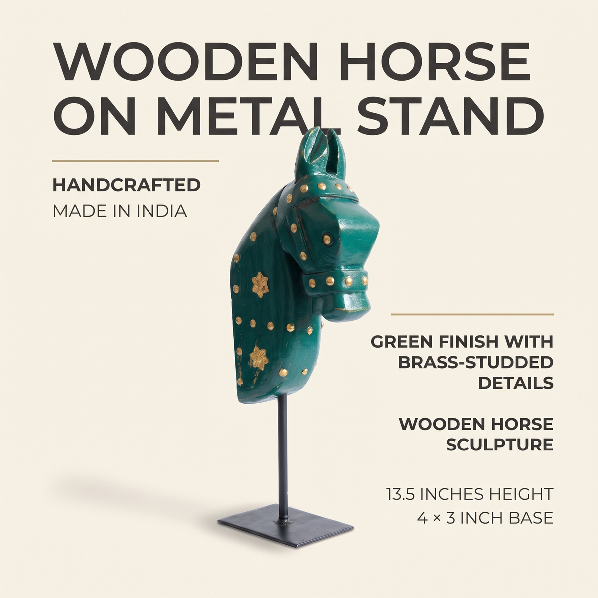 Wooden Horse on Metal Stand | Dark Green with brass studding | H -13.5 inch (4x3 inch base)