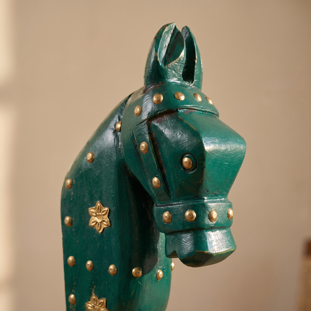 Wooden Horse on Metal Stand | Dark Green with brass studding | H -13.5 inch (4x3 inch base)