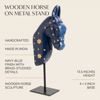 Wooden Horse on Metal Stand | Navy Blue with brass studding | H -13.5 inch (4x3 inch base)