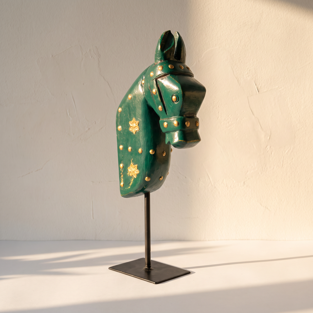 Wooden Horse on Metal Stand | Dark Green with brass studding | H -13.5 inch (4x3 inch base)