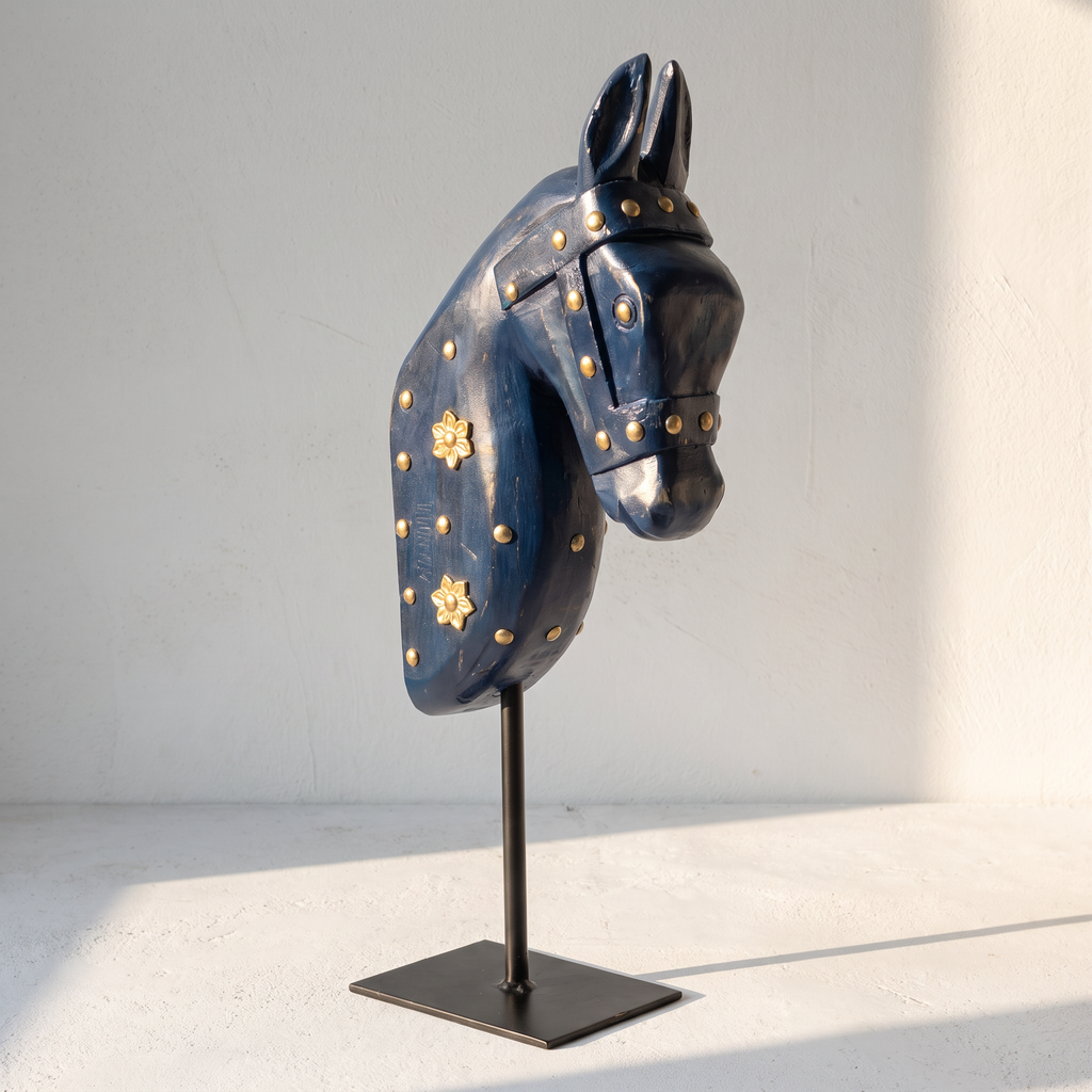 Wooden Horse on Metal Stand | Navy Blue with brass studding | H -13.5 inch (4x3 inch base)