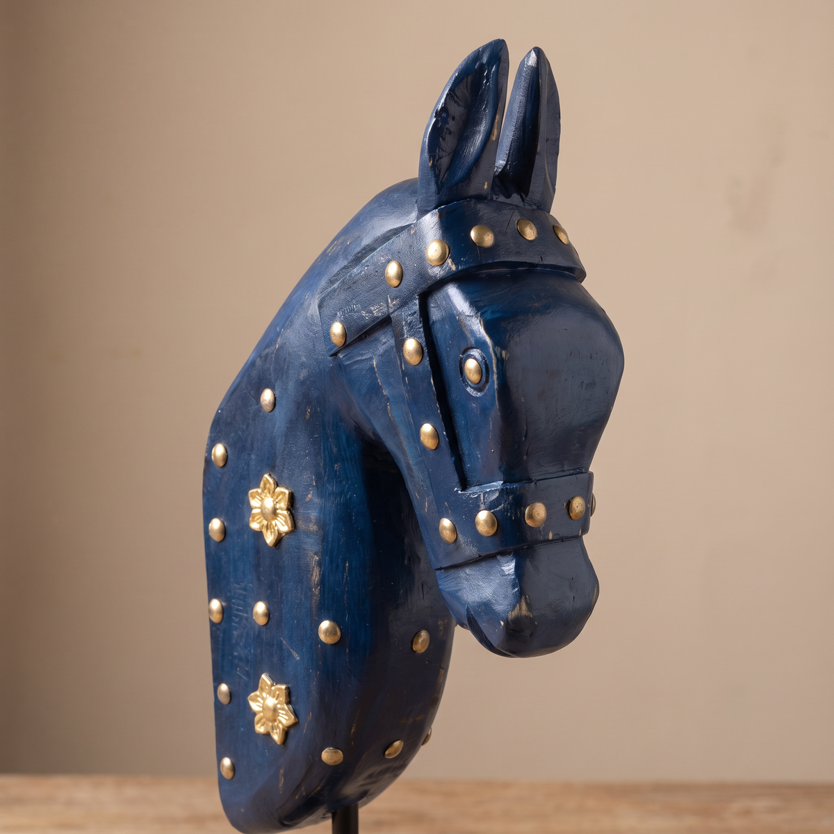 Wooden Horse on Metal Stand | Navy Blue with brass studding | H -13.5 inch (4x3 inch base)